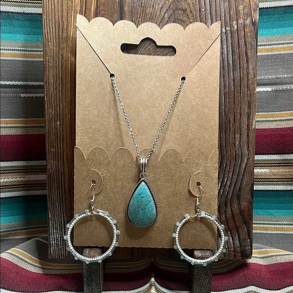 Turquoise Pendant Necklace and Silver Hoop Earrings Set